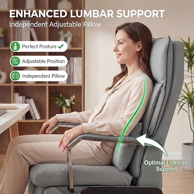 Dual Motor Executive Reclining Office Chair with Footrest – One-Click Electric Recline Massage Lumbar Support &amp Pillow Big and Tall PU Leather Ergonomic Desk Chair for Home Office/Gaming(Gray)