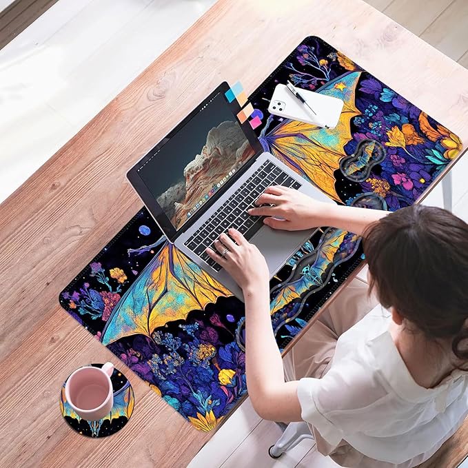 Mouse PadLarge Desk Mat Set 4in1 XL Mousepad + Keyboard Wrist Rest+Mouse Wrist Rest+Coaster with Ergonomic Desk Pad for Home Office Table Computer Cover -Neon Skeleton Bat