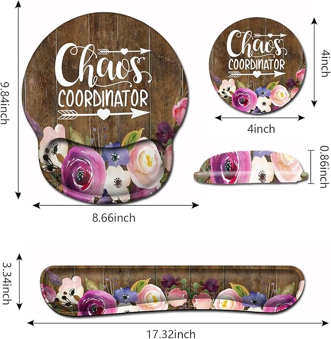 Mouse Pad Wrist Guard and Keyboard Wrist Rest Office Desk Accessories Office Decor for Women Office Gifts Desk Decor Chaos Coordinator Quotes Vintage Watercolor Floral Mouse Pad