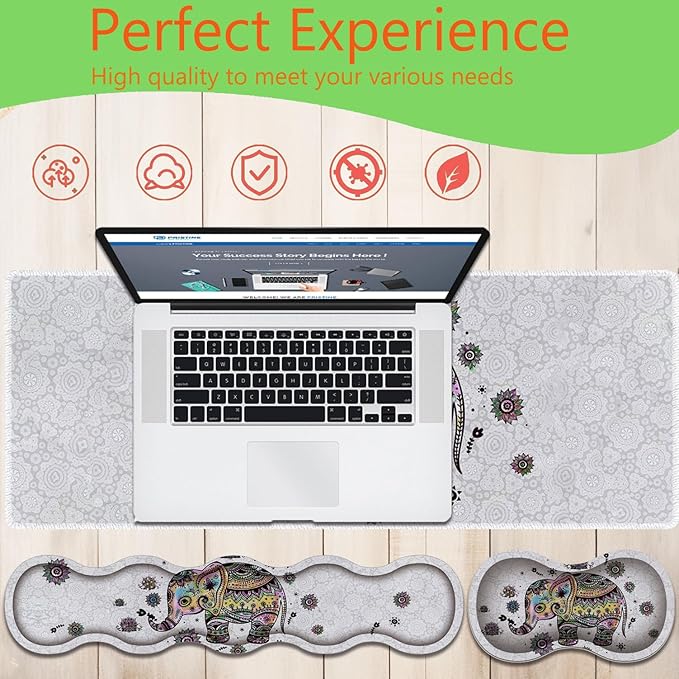 4 in 1 Mouse Pad Combo Large Gaming Mouse Pad + Keyboard Wrist Support + Mouse Wrist Rest + Coaster Table Pad with Stitched Edge Ergonomic Wrist Pad Set Cute Colorful Floral Baby Elephant