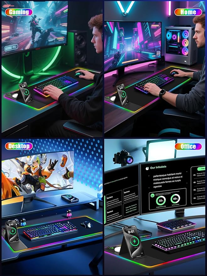 Mouse Pad with Foldable Phone Holder &amp Wireless Charger XXL RGB Gaming Mousepad 31.5x15.8 Large Desk Mat for Keyboard Black Desk Pad with Dual Qi Charging Station | 11 Colors 5 Modes | Waterpr