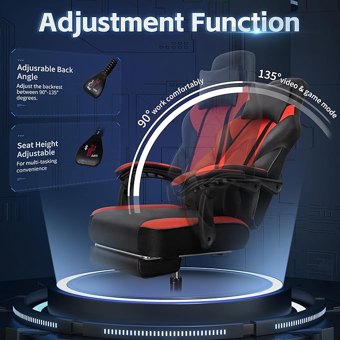 Gaming Chairs for Adults Computer Chair with Footrest High Back Big and Tall Gamer Chair‘s with Massage Lumbar Support 360° Swivel Height Adjustable Computer Chaires Dark Red