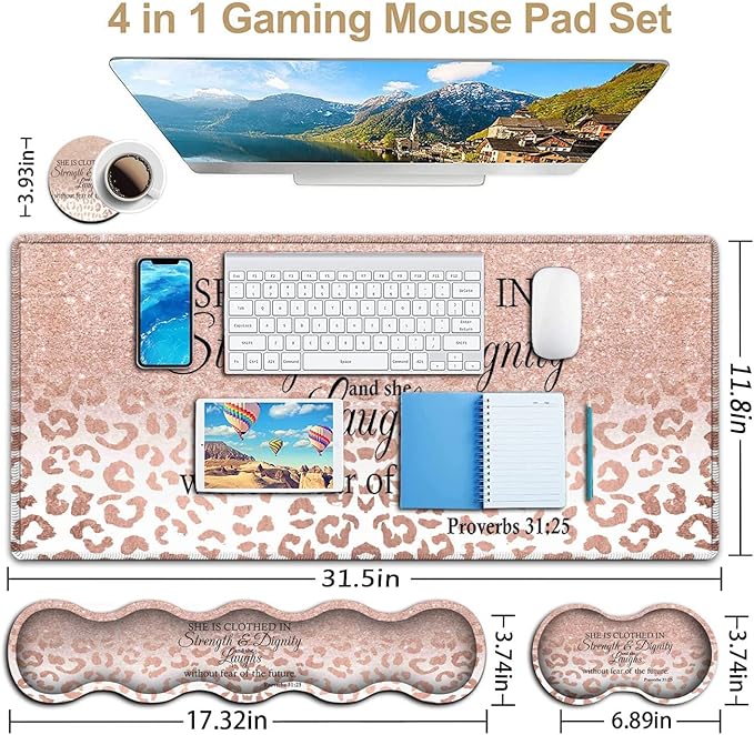 Large Mouse Pad Office Desk PadLaptop Desk Table Protector Writing Mat Ergonomic Extended Pink Leopard Mouse Pad Keyboard Wrist Rest Support SetProverbs 31:25 Verse Desk Mat Gaming Mouse Pad
