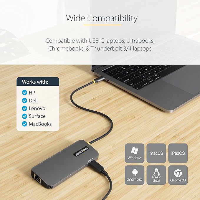 StarTech.com 6-in-1 USB-C Hub for Monitors 4K 60Hz HDMI Video HDR10 Gigabit Ethernet USB 5Gbps Hub 100W Laptop Charging with Cable Management for MacBook M1 M2 M3 M4 and Windows