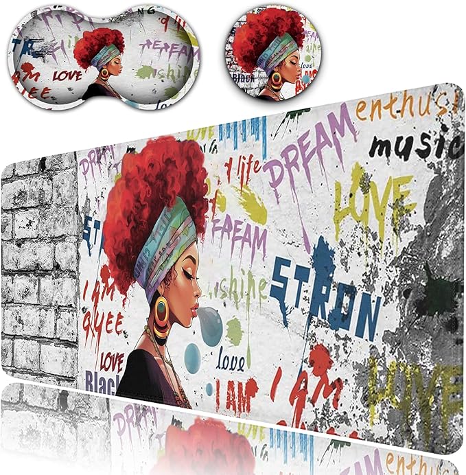 Desk Pad Extended Large Mouse Pad with Stitched Edges (31.5X11.8In) Ergonomic Mouse Wrist Rest Support Waterproof Computer Mouse Mat African Black Woman Graffiti Girls XXL White Gaming Mouse Pad
