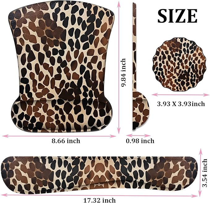 Mouse Wrist Rest and Keyboard Wrist Rest Pad+ Coaster Set Non-Slip Rubber Base Smooth Surface Ergonomic Gaming Mouse Pad for Easy Typing and Pain Relief Brownish Black Cow Pattern
