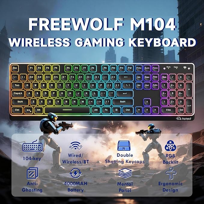 M104 Wireless Gaming Keyboard Wired/Bluetooth Mechanical Feel Light up Membrane Computer Keyboard with Numeric Keypad RGB Full Size Mental Panel 4000MAH Rechargeable Quiet for PC Gamer-Black