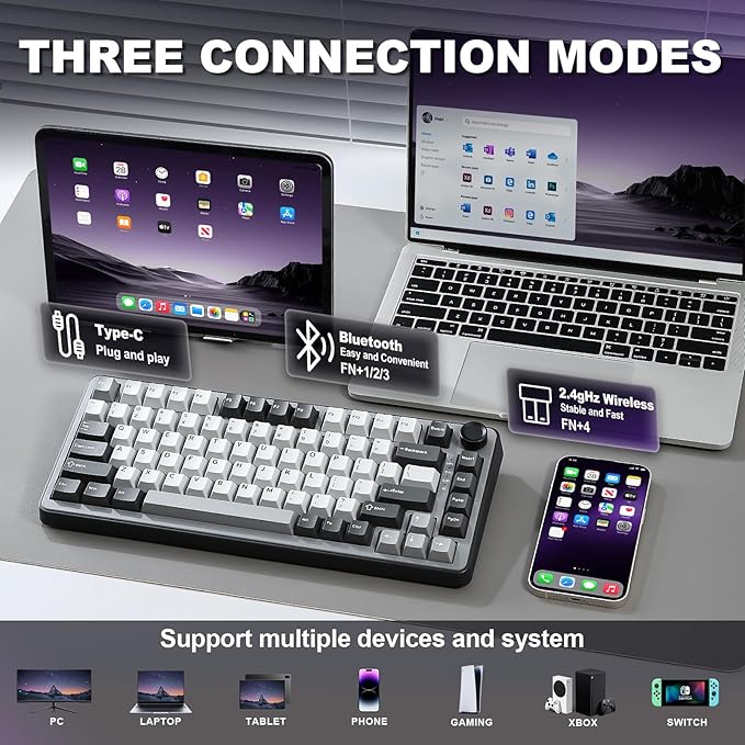YUNZII B75 PRO Wireless Mechanical Keyboard75% Layout with KnobHot Swap Gasket StructureCreamy Pre-lubed SwitchesRGB BacklitBluetooth/Type-C/2.4G for Win/Mac (Dark Grey Milk Switch)