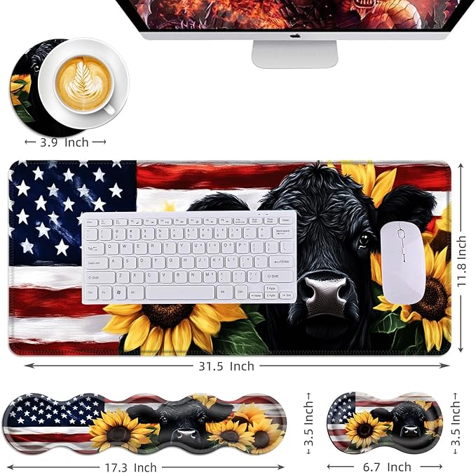 Mouse PadLarge Desk Mat Set 4in1 XL Mousepad + Keyboard Wrist Rest+Mouse Wrist Rest+Coaster with Ergonomic Desk Pad for Home Office Table Computer Cover -American Flag Black Cow