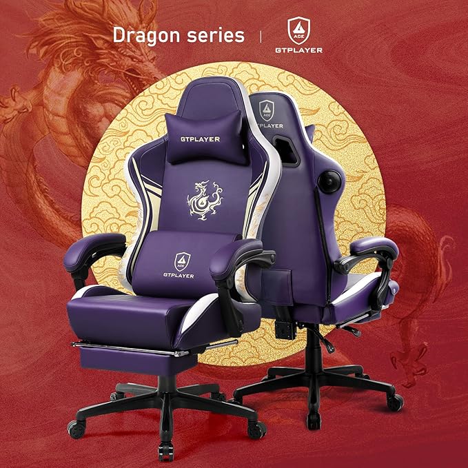 GTPLAYER Gaming Chair with Bluetooth Speakers and Footrest Dragon Series Video Game Chair Heavy Duty Ergonomic Chair Esports Gaming Chair Computer Office Desk Chair (Purple)