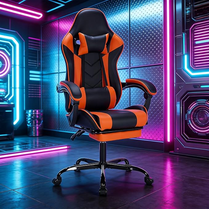 Gaming Chair with Footrest Ergonomic Computer Seating Massage Lumbar Support Height Adjustable PU Leather Reclining Video Game Chairs for Adults Office (Black+Orange)