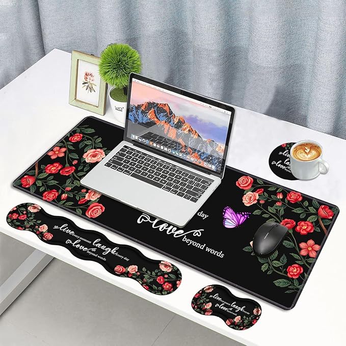 4 in 1 Ergonomic Memory Foam Mouse Pad Wrist Rest Set Large XXL Gaming Desk Pad + Keyboard Wrist Rest + Mouse Wrist Cushion + Coaster for Home Office Study Gaming Floral Quotes Live Laugh Love