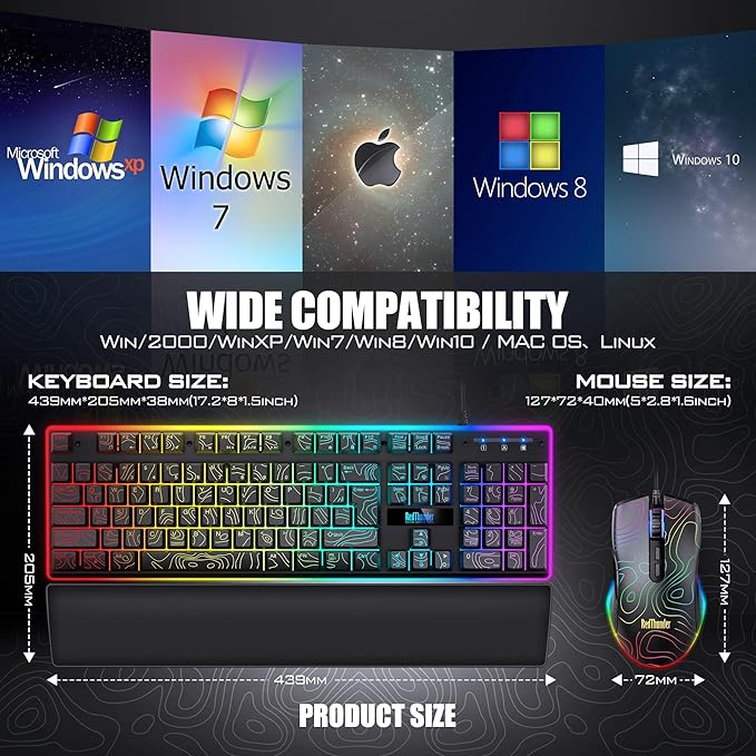 RedThunder K10 Wired Gaming Keyboard &amp Mouse Combo with Wrist Rest Adjustable RGB Mechanical Feel Anti-ghosting Keyboard + 7D 7200 DPI Mouse+Soft Leather Wrist Rest for PC Gamers (Black Lines)