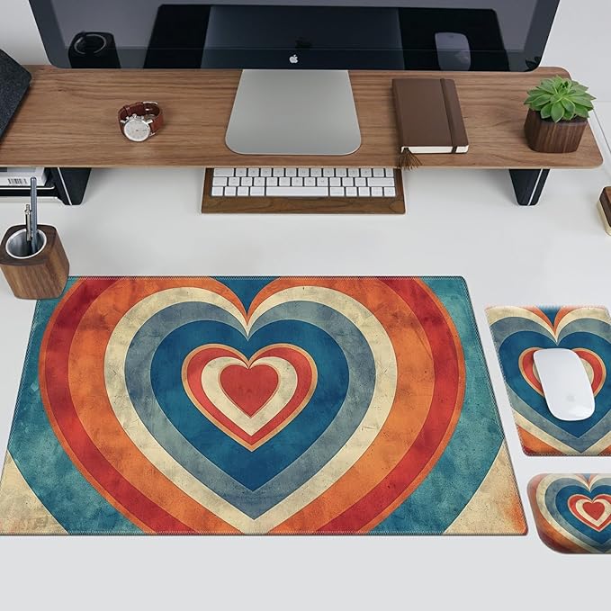 Wrist Rest for Computer Keyboard Small Mouse Pad and Desk Pad Mat 23.6 x 11.8 Set Office Desk Mat Non-Slip PU Desk Mat for Computer Laptop Office Gaming and Writing Orange Blue Heart