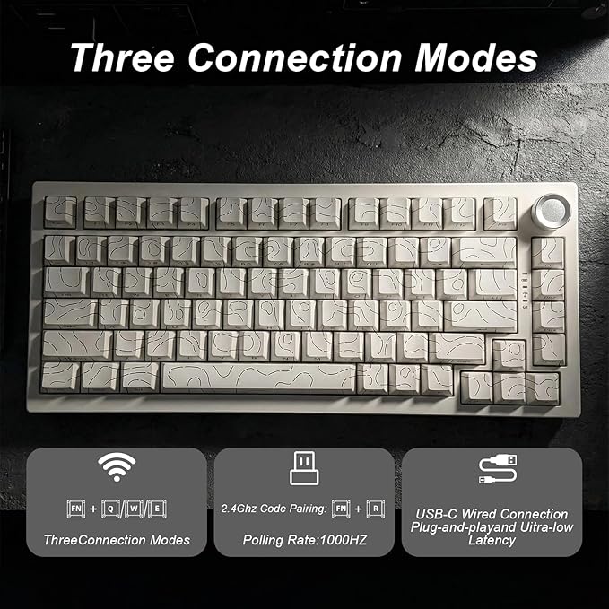 DstoPar Wireless Mechanical Keyboard75% Hot Swappable Gaming Keyboard with Multifunction knobSide Printed PBT KeycapsBluetooth5.0/Type-C/2.4G8000mAh K81 Mechanical Keyboard(Camouflage White
