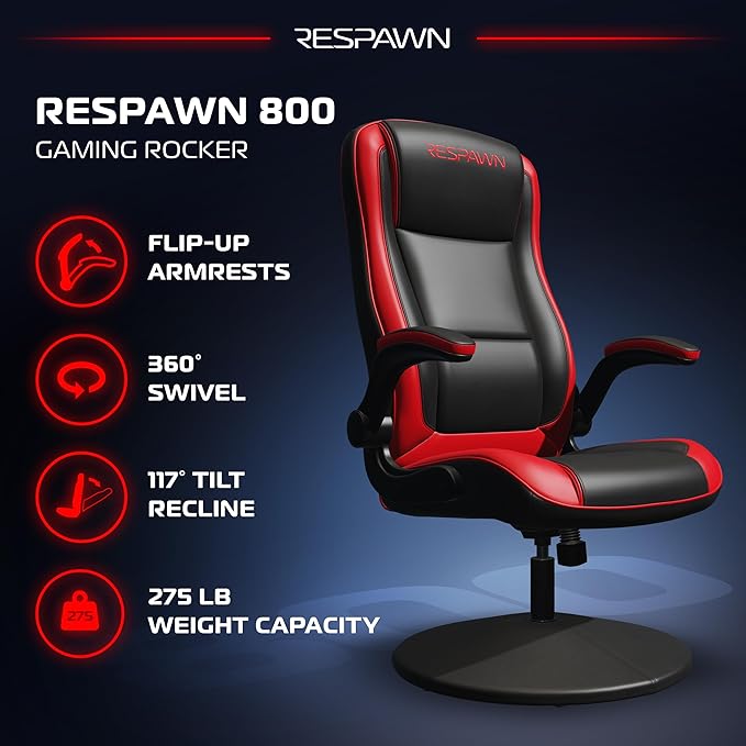 Respawn 800 Swivel Rocker Gaming Chair - Ergonomic Floor Gaming Seat with Lumbar Support Flip Up Armrest High Back Pedestal Base Comfortable No Wheels Console Video Game Rocker Chair - Red