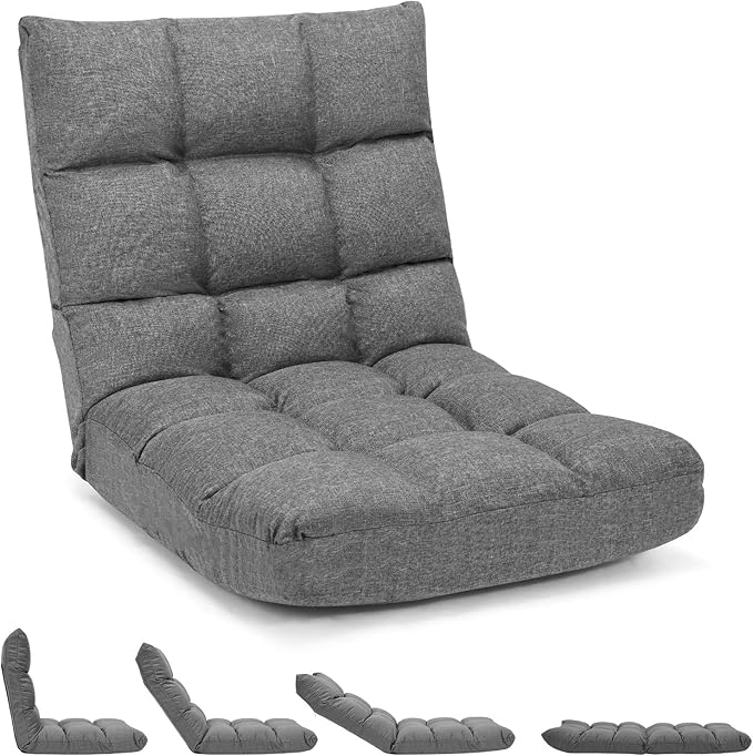 GORELAX Floor Chair with Back Support 14-Poistion Adjustable Folding Gaming Chair Recliner Meditation Chair with Steel Frame Padded Lazy Sofa Chair for Adults Kids (Gray)