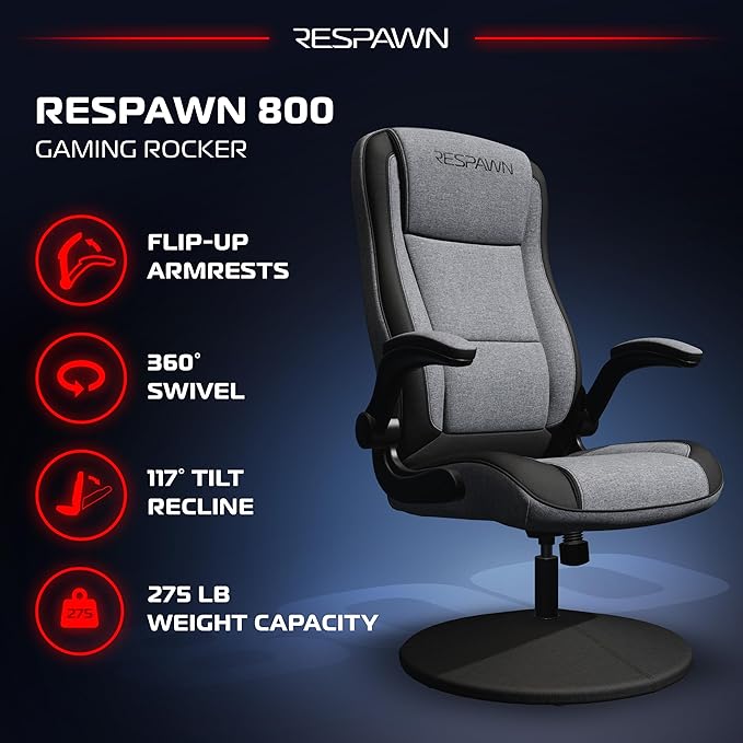 RESPAWN 800 Swivel Rocker Gaming Chair - Ergonomic Floor Gaming Seat with Lumbar Support Flip Up Armrest High Back Pedestal Base Comfortable No Wheels Console Video Game Rocker Chair - Gray Fabric