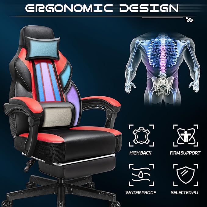 Gaming Chair with Footrest Video Game Chair for Adults Big and Tall Computer Chair with Massage Lumbar Support 330lb Weight Capacity Ergonomic Adjustable Height and 360° Swivel Seat (Red)