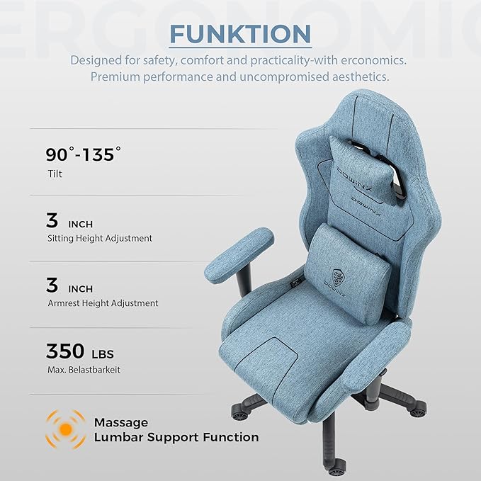 Dowinx Fabric Gaming Chairwith Pocket Spring Cushion Ergonomic Computer Chair with Massage Lumbar Support Comfortable Reclining Game Office Chair 300lbs for Adult Blue