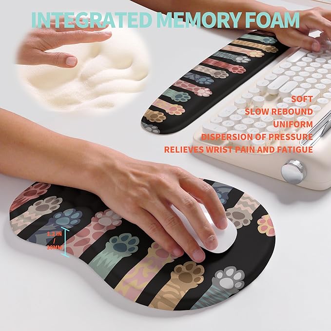 2-in-1 Ergonomic Set Wave Rise Keyboard Wrist Rest and Massage Bulge Slope Mouse Pad Wrist Support Cushion Memory Foam Integrated to Relieve Wrist Pain Multicolour Cat Claws