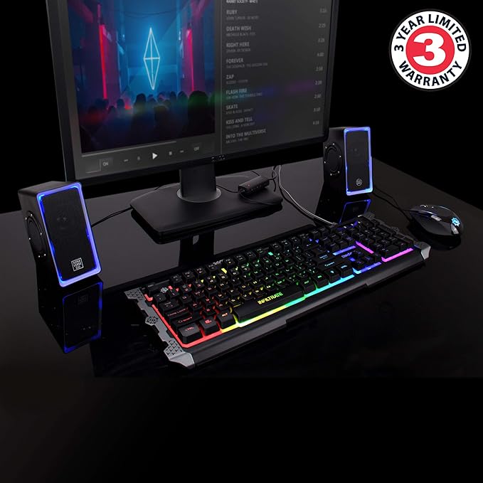 GOgroove Gaming Computer Speakers with Blue LED Light - SonaVERSE O2i Speakers for Desktop Laptop PC - USB Speaker 2.0 with AUX Input in-Line Volume Control Bass Stereo Sound 14W (Black)
