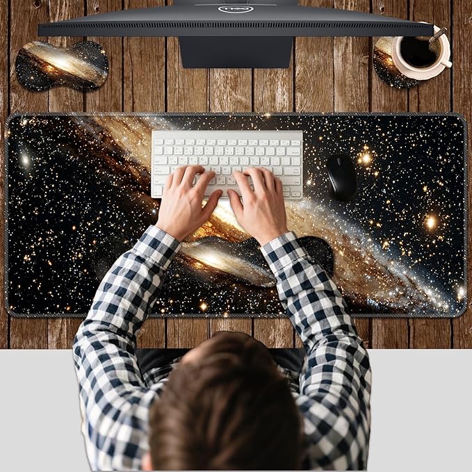 Ergonomic Keyboard Wrist Rest &amp Mouse Pad Wrist Rest SetXL Gaming Desk Mat 31.5x 11.8Non-Slip BaseMemory FoamEasy Typing Pain Relief for Office &amp HomeGalaxy in Deep Space
