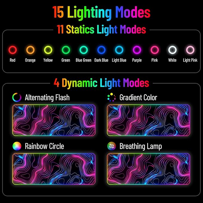 RGB Mousepad LED Desk Mat Gaming Large Keyboard Cute Desktop Computer Laptop 14 Light XXL Long Giant Big Cool Modern Design Unique for Men Boys Gamer Oversized Wide 30x12'' Mousepad Topo