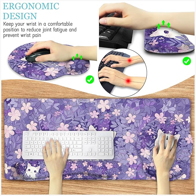 Purple Mouse Pad Large Desk Mat Set Kawaii Cat Computer Mouse Pad with Wrist Rest Keyboard Wrist Support XXL Mousepad Cup Coaster Set Cute Purple Office Desk Accessories Cat Decor Supplies