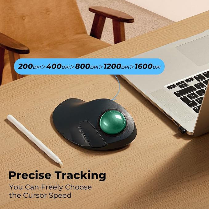 Wireless Trackball Mouse for Large Hands Ergonomic Index Finger Control Rechargeable Bluetooth/USB Mouse with Precise Smooth Tracking Multi-Device Connection for Windows &amp Mac Green