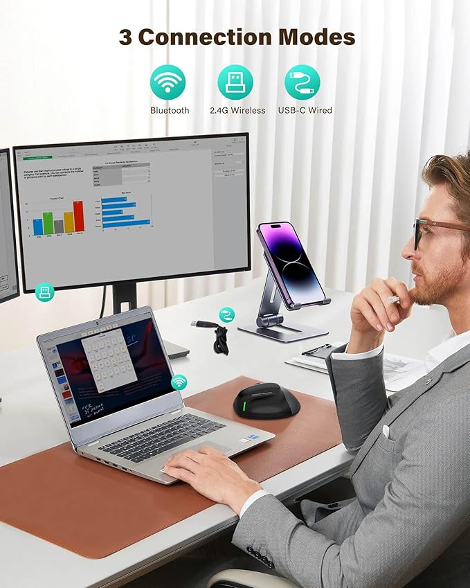 XUANGUI Vertical Ergonomic Quiet Wireless Mouse Rechargeable Bluetooth 5.1/2.4G/USBC Tri-Mode Cordless Computer Mice for Large and Medium Hands Max 4800 DPI Type C Witeless for PC Laptop Mac Tablet