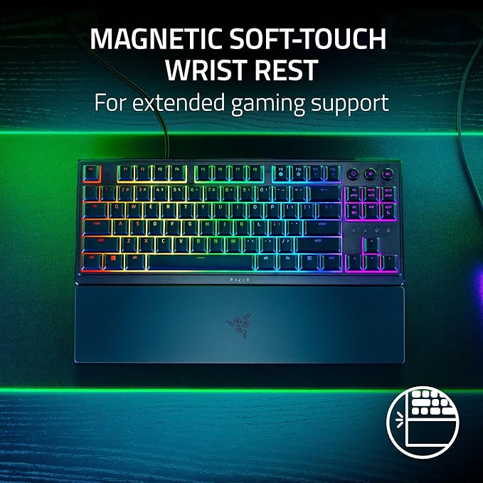 Razer Ornata V3 TKL Gaming Keyboard: Low Profile Keys - Mecha Membrane Switches - UV Coated Keycaps - Backlit Media Keys - 8 Zone RGB Lighting - Spill Resistant - Magnetic Wrist Wrest Snap Tap