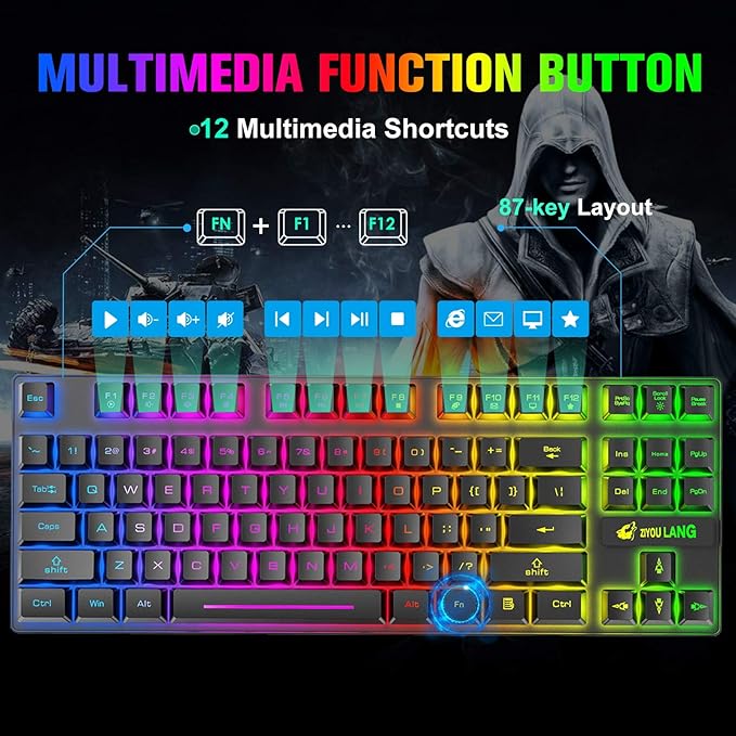 Wireless Gaming Keyboard and Mouse Combo with 87 Key Tenkeyless Rainbow LED Backlight Rechargeable 3800mAh Battery Anti-ghosting Ergonomic Waterproof RGB Mute Mice for Computer PC Gamer (Black)