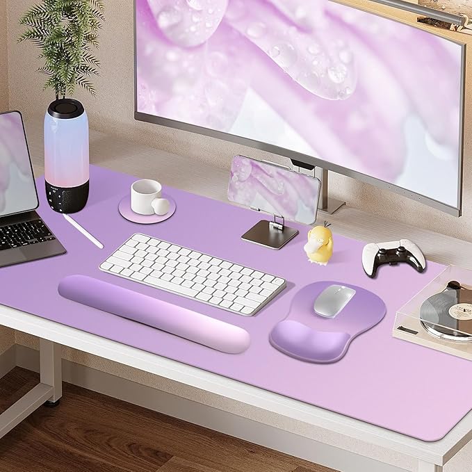 4-in-1 Large Gaming Mouse Pad Keyboard Wrist Rest Pad &amp Wrist Support Mousepad Set Extended Desk Pad Waterproof Desk Mat for Home Office Decor Study Game 35.4×15.7 Inches I Purple Pink Lavender