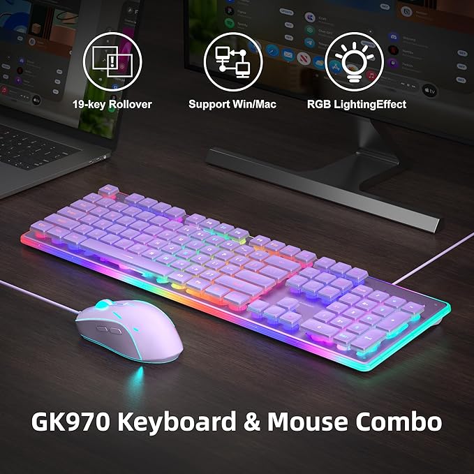 Camiysn Creamy Gaming Keyboard and Mouse Purple 104 Keys RGB and 6 Speed RGB Mouse Combo Pudding Keycaps Silent Computer Keyboard for Computer/PC/Laptop/Mac/Windows/Office