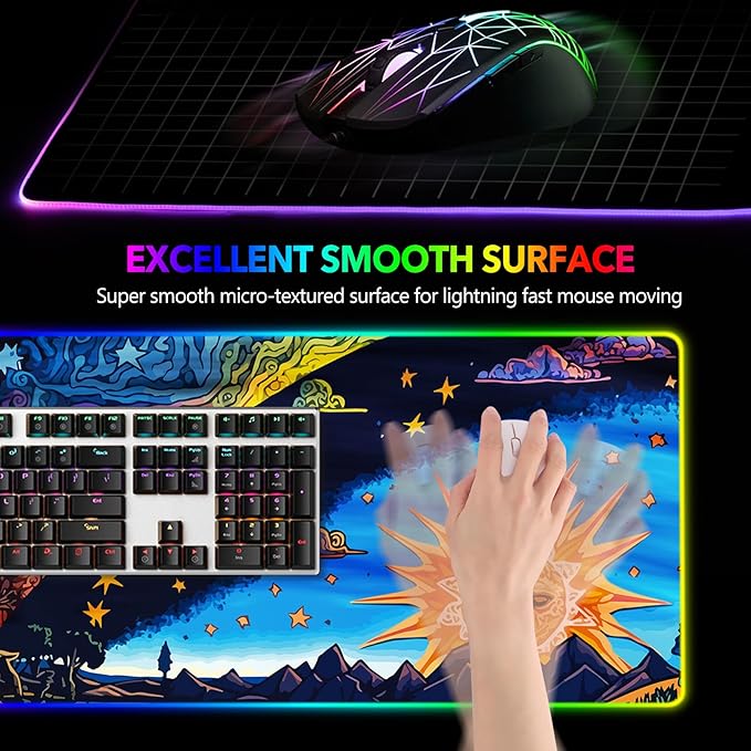 AIMSA Large Gaming Mouse Pad RGB Keyboard Led Mousepad Extended 35.4 x 15.8 inch Non-Slip Rubber Base with 14 Lighting Modes Desk Mat Abstract Sun