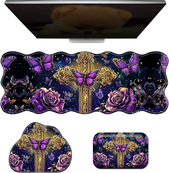 3-Piece Ergonomic Desk Mat &amp Cloud Wrist Rest Set Large 31.5 x 11.8 Wave Office Desk Pad with Memory Foam Support Non-Slip Computer Protector for Home Gaming Purple Butterfly Cross