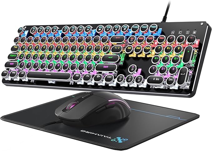 Typewriter Mechanical Gaming Keyboard and Mouse 104-Key Full Size Retro Keyboards Metal Panel Punk Round Keycap Clicky Blue Switch with RGB Backlit Mouse and Pad Combo for PC Laptop Mac Gamer Black