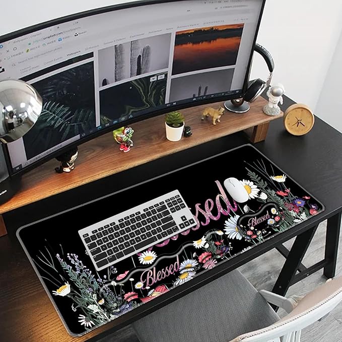 Keyboard Mouse Pad SetLarge Mouse Pad+Keyboard Wrist Rest+Wrist Support+Coaster31.5x11.8in Extended Desk Mat for Computer Laptop Office Home-Florid Blessed