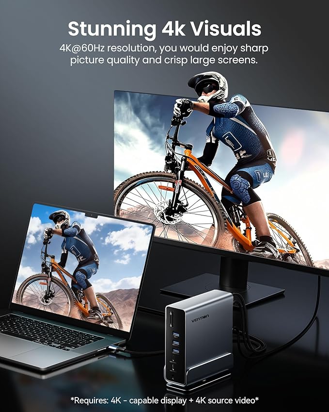 VENTION 15-in-1 Laptop Docking Station Dual Monitor 360° Roatable Triple Monitor Docking Station with 2 * 4K HDMI and 1*DP PD 100W Charging for Laptop 10Gbps USB Port Transfer RJ45 Audio SD/TF