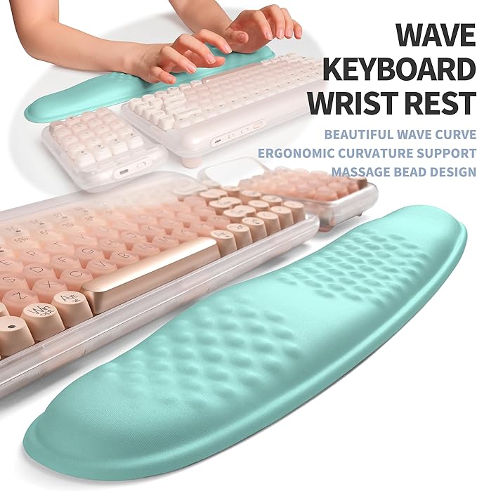 2-in-1 Ergonomic Set Wave Keyboard Wrist Rest and Massage Slope Mouse Pad Wrist Support Rebound Memory Foam for Relieve Carpal Tunnel Syndrome and Wrist Pain (Light Blue)