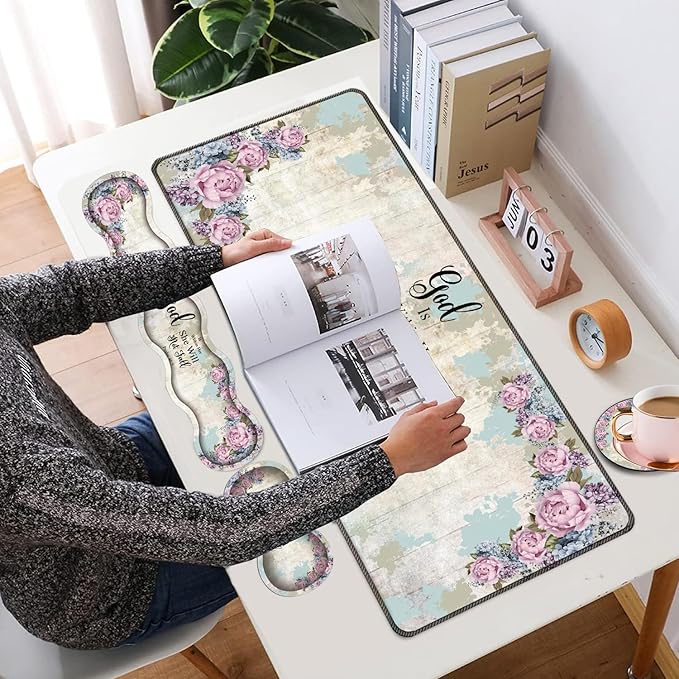 4 in 1 Mouse Pad Combo Large Gaming Mouse Pad + Keyboard Wrist Support + Mouse Wrist Rest + Coaster Table Pad with Stitched Edge Memory Foam Ergonomic Wrist Pad Set Psalm 46:5 Floral