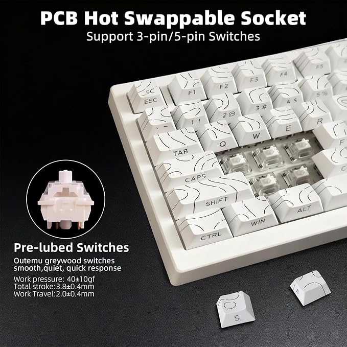 DstoPar Wireless Mechanical Keyboard75% Hot Swappable Gaming Keyboard with Multifunction knobSide Printed PBT KeycapsBluetooth5.0/Type-C/2.4G8000mAh K81 Mechanical Keyboard(Camouflage White
