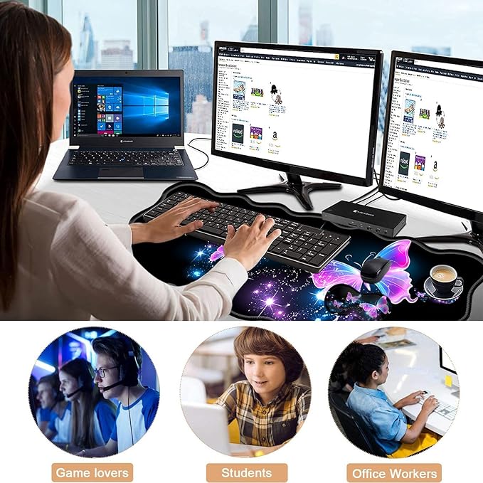 Mouse Pad with Wrist Support + Desk Mat + Coaster 3 in 1 Set XL Large Gaming Mousepad Ergonomic Mouse Pads for Desk Computer Laptop OfficeGlowing Night Pink Butterflies