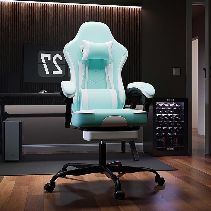 Green 360° Swivel Gaming Chair Ergonomic Heavy Duty 330lbs Office Chair with Footrest and Massage Lumbar Support Height Adjustable High Back Reclining Gamer Chair with Headrest (Green)