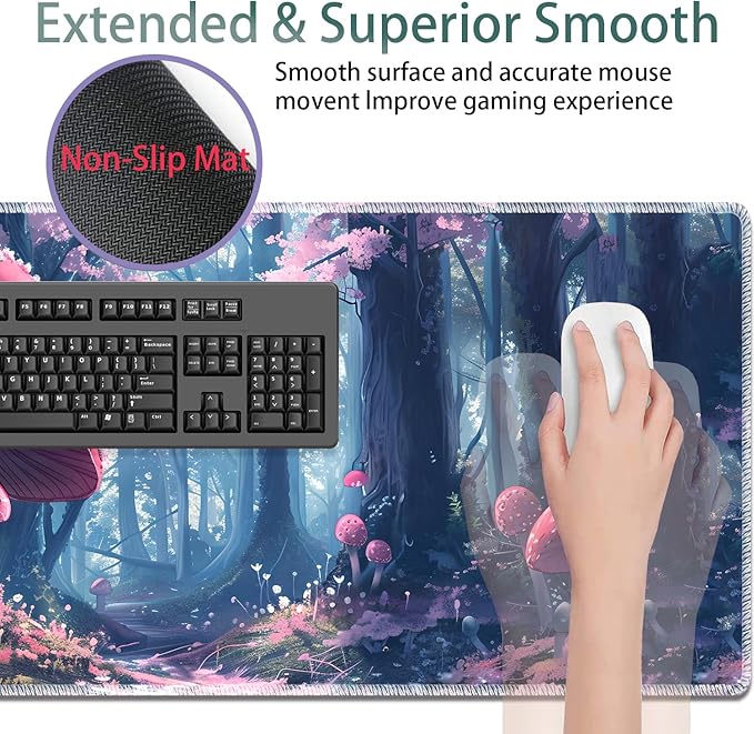 Large Gaming Mouse Pad + Keyboard Wrist Rest + Wrist Support + Coaster Set Memory Foam Ergonomic for Easy Typing XXL Extended Gaming Mouse Pad Table Pad - Mushroom Forest