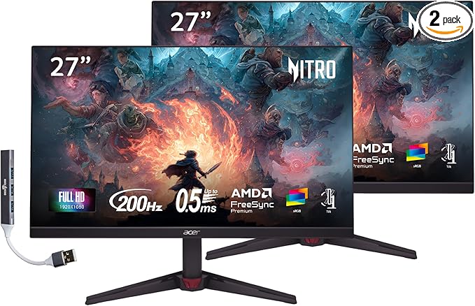 acer Nitro 27 FHD IPS ZeroFrame Design Gaming Monitor Up to 200Hz Up to 0.5ms AMD FreeSync Premium DisplayHDR10 sRGB 99% VESA Mount Displayport HDMI &amp Dockztorm USB Port Expander - (2 Pack