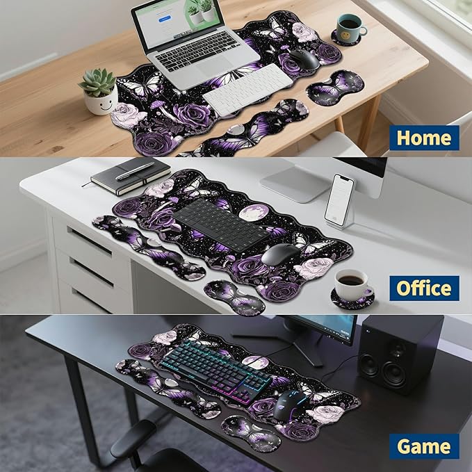 4-Piece XXL Gaming Mouse Pad Set (31.5x11.8) with Keyboard Wrist Rest Mouse Wrist Support &amp CoasterErgonomic Non-Slip Desk Mat for Office &amp HomePurple Butterfly Flower