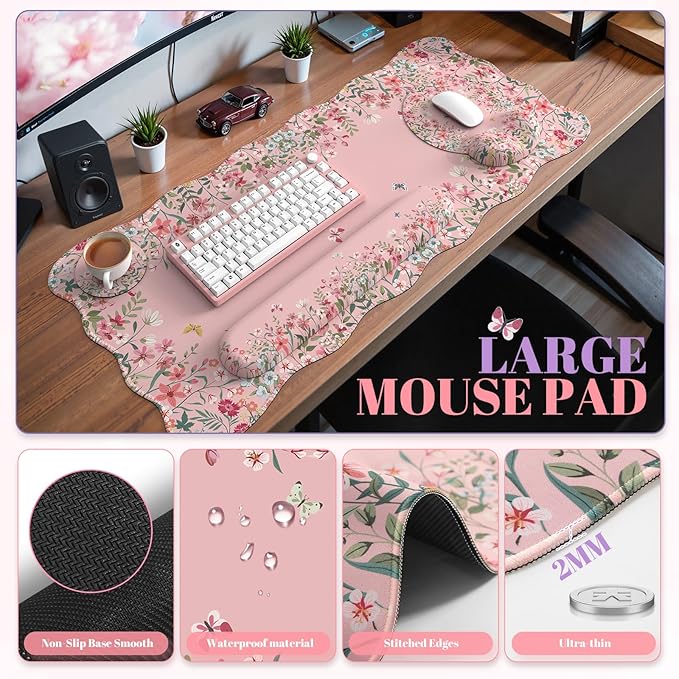 iCasso Desk Mat SetLarge Mouse Pad with Wrist RestErgonomic Keyboard Wrist Support for WomenGirly Floral Computer Mat with Scalloped EdgesNon-Slip Desk Pad Home Office Gaming (Pink)