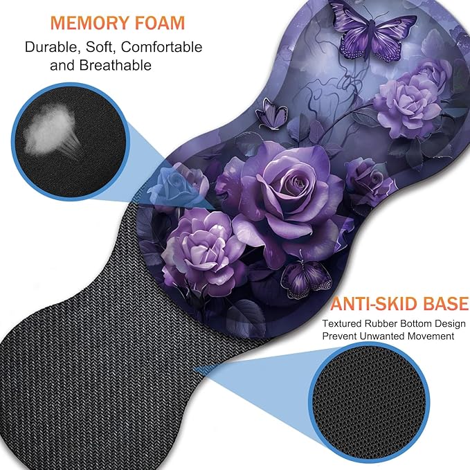 Extended Non-Slip Mouse Pad + Mouse Wrist Rest + Lace-Shaped Coaster Set Ergonomic Design Suitable for Desk and Home Gaming Table Mat Purple Rose